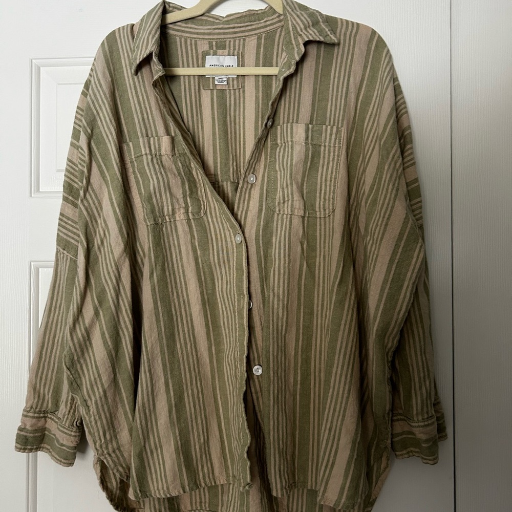 American Eagle Striped Button-Up Shirt - Olive & Tan, Oversized Fit